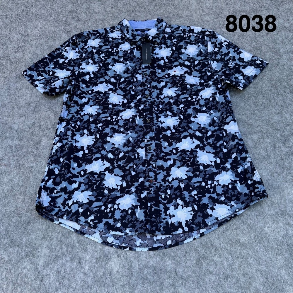 Tommy Hilfiger Mens XL Blue Floral Camo Short Sleeve Button Down Shirt 78J5384